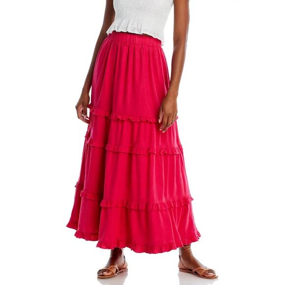 CUPIO WOMENS SIZE MEDIUM RUFFLE TIERED LINED MAXI SKIRT BRIGHT ROSE PINK NEW - Picture 1 of 11